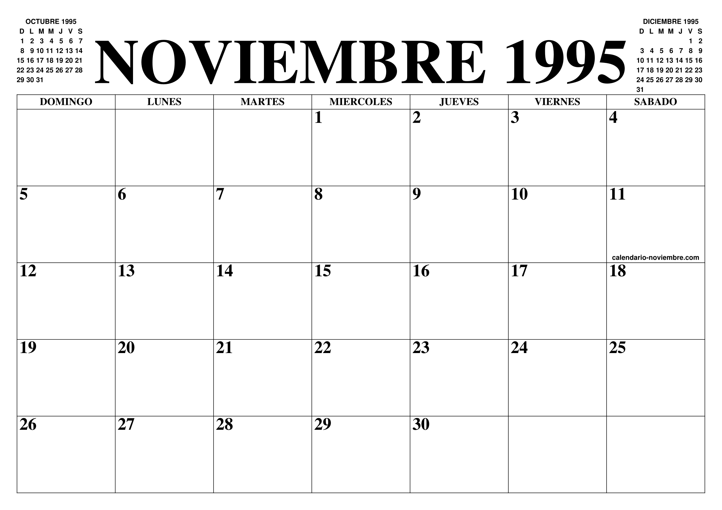 CALENDARIO NOVIEMBRE 1995 : EL CALENDARIO NOVIEMBRE PARA IMPRIMIR GRATIS -  MES Y ANO AGENDA
